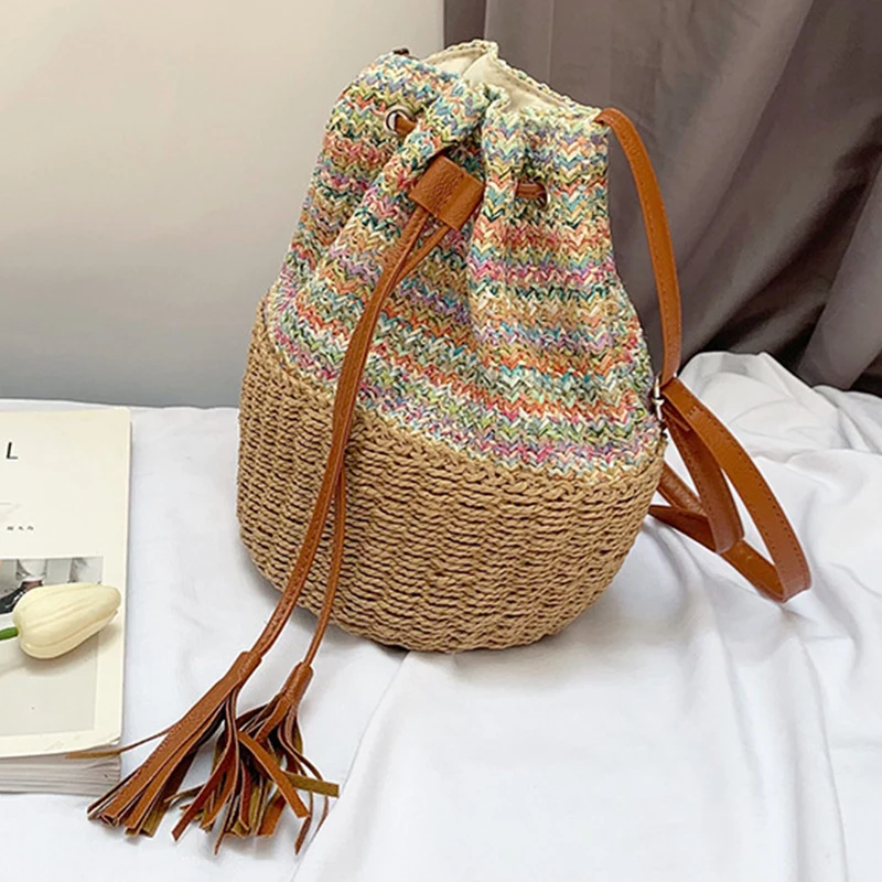 New Straw Shoulder Bags Drawstring Women\'s Straw Bucket Bag Purse Raffia Woven Straw Handbags Casual Tote Beach Crossbody Bag