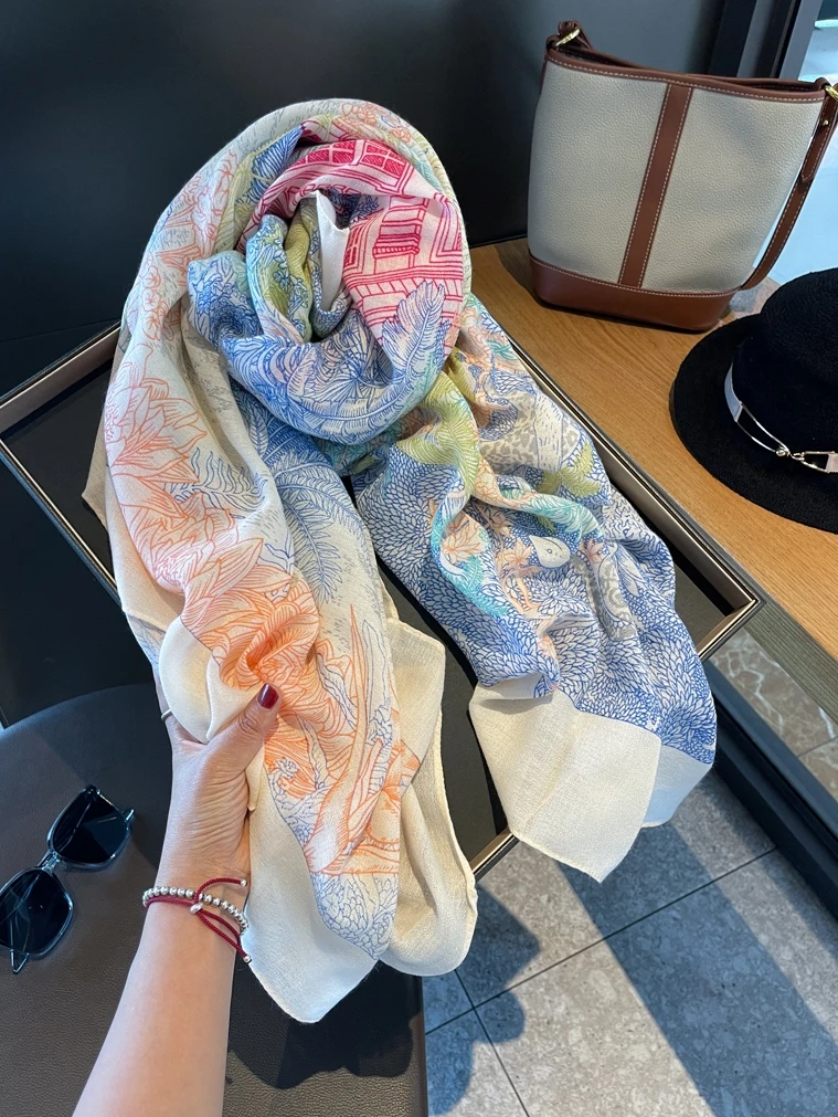 

Women's Luxury Design Scarf Cotton Line Smooth Scarf Shawl Wrap Hijab Lady Large Square Scarves Sunscreen Coverup E5844