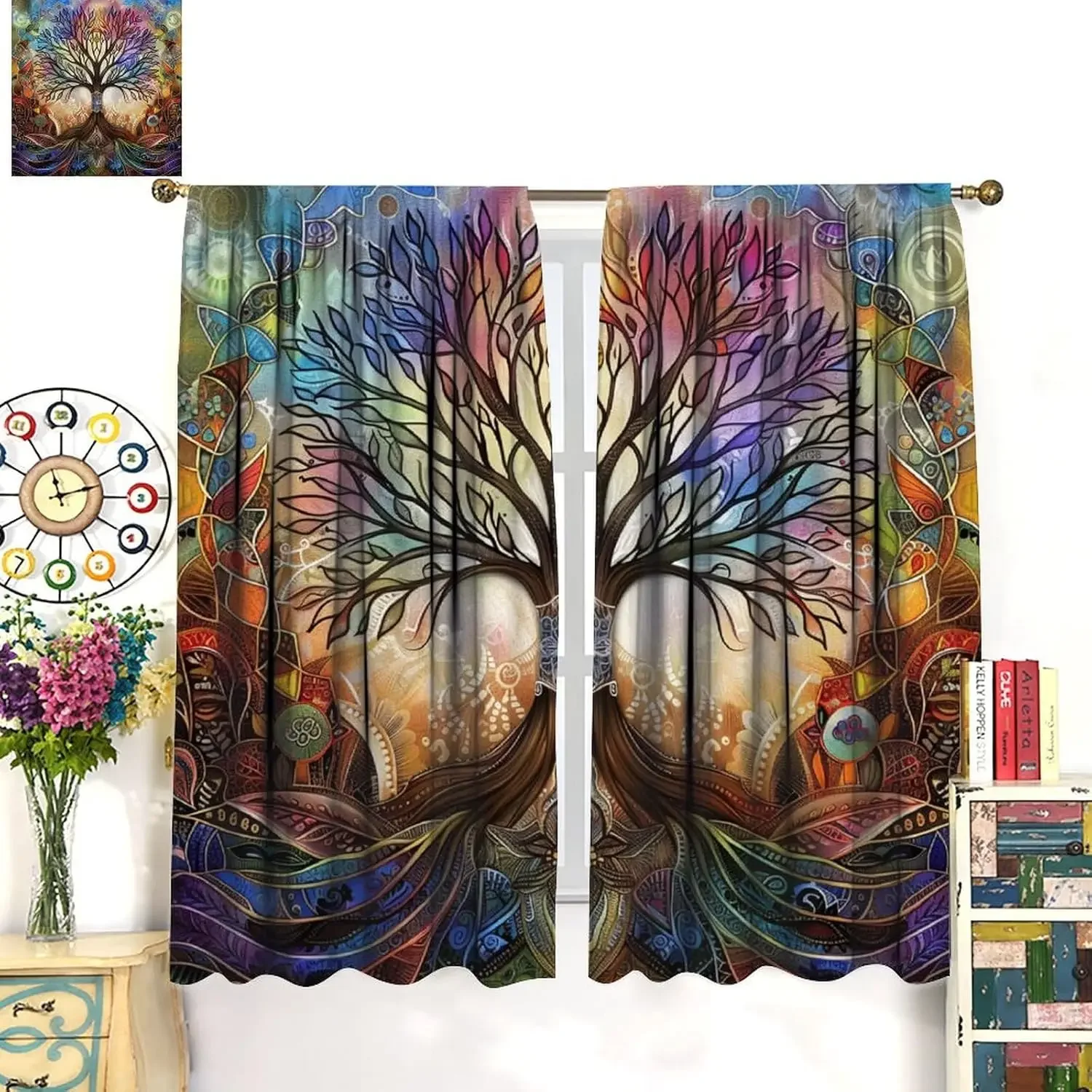 Indian Mandala Tree of Life Decorative Curtains, Abstract Colorful Fantasy Nature Tree of Life Window Drapes, for LivingBedroom
