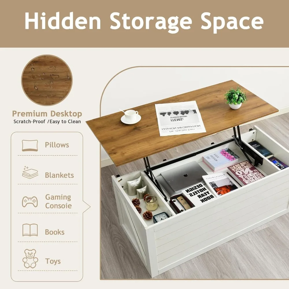 Farmhouse Coffee Table Lift Top with Storage for Living Room, White Coffee Table with Large Hidden Storage Compartment, 48 Inch