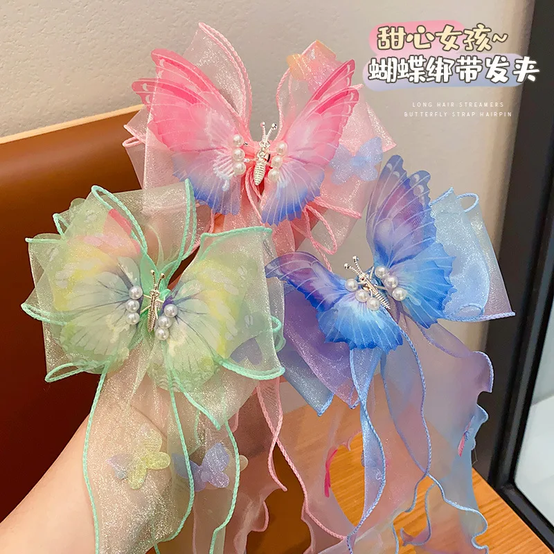 Children's Hairpin Girl Gradual Bow Ribbon Sweet Cute Princess Super Immortal Top Clip Moving Butterfly Hairpin