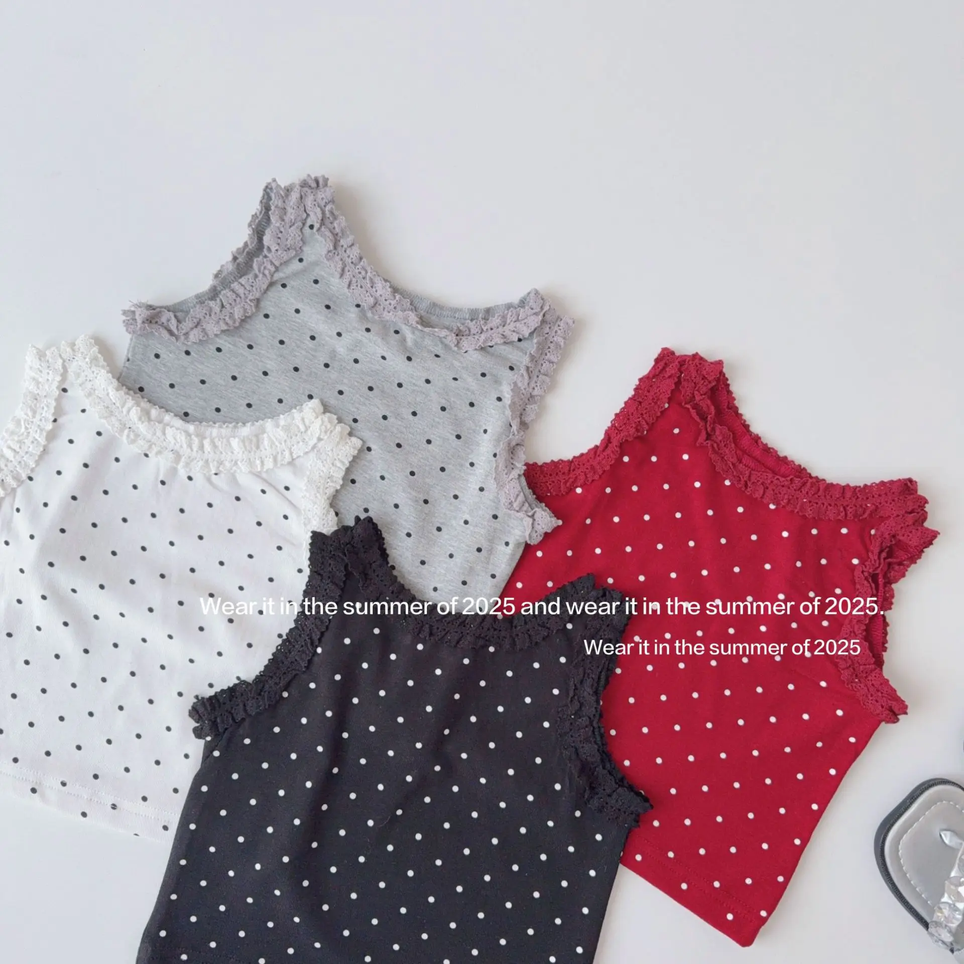 2025 Summer New Children Sleeveless T Shirts Fashion Girls Polka Dot Sling Vest Cotton Baby Girl Lace Tops Kids Clothes