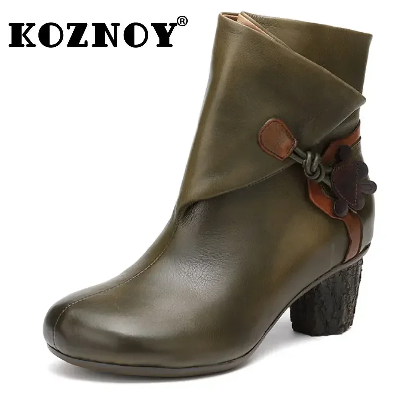 

Koznoy Women Shoes Genuine Leather Demi-season 4cm Cow Boots Luxury Designer Zipper Autumn Spring Ethnic Ankle Mid Calf Booties