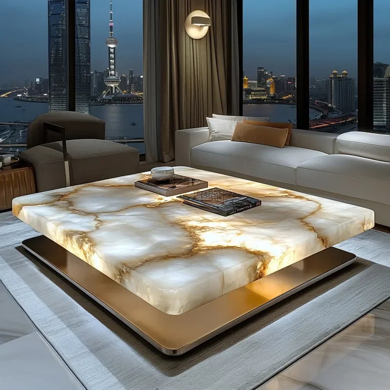 Luxury Natural Stone Coffee Table Rectangular Marble Side Table with Luminous Design for Modern Living Room Home Decor