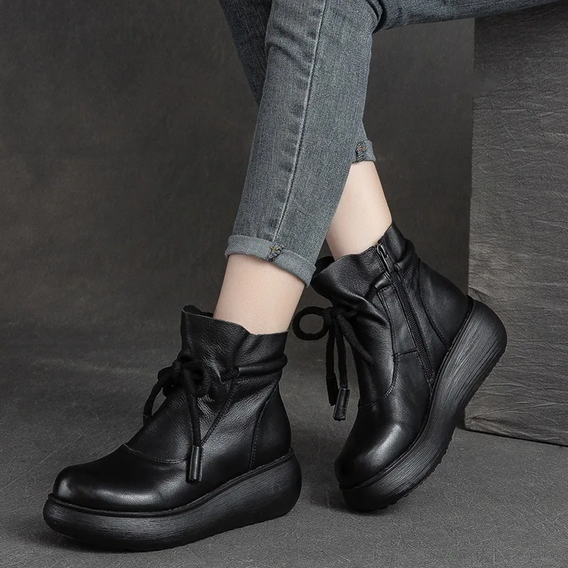 GKTINOO Shoes Women Boots 2024 New Winter Genuine Leather Handmade Round Toe Zip Sewing Wedge Shoes Ankle Platform Boots