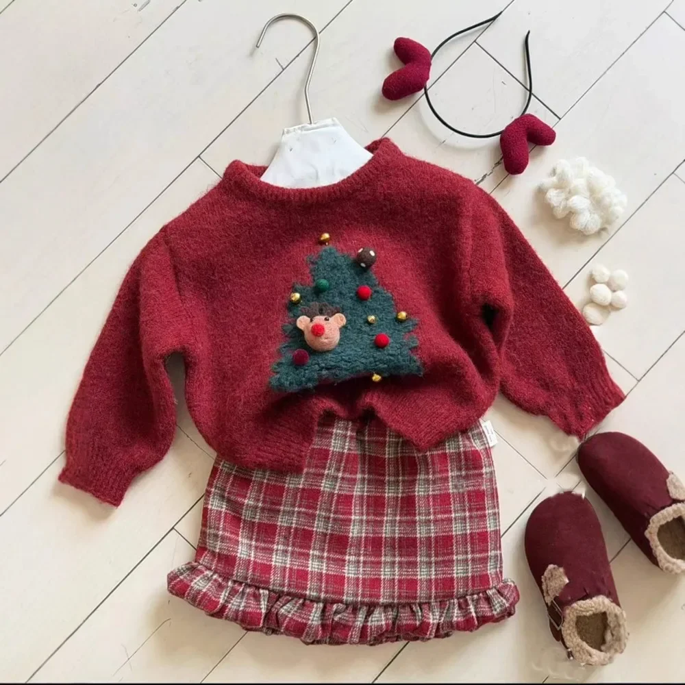 

Autumn and Winter Red New Year Clothes Christmas Tree Print Long Sleeved Sweater+plaid Skirt Two-piece Set Korean Version