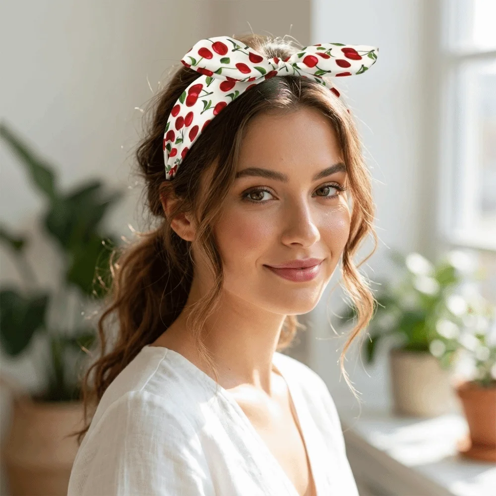 Cute Multicolor Cherry Printed Headband Bow Knotted Rabbit Ear Hairband Polyester Soft Wide Edge Hair Hoop Women