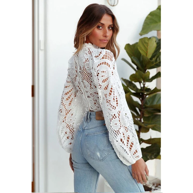 Sexy Long Sleeve Lace Blouse Women Tops Casual White Crochet Hollow Out Cropped Women\'s Shirt Turtleneck Female Blusas 16296