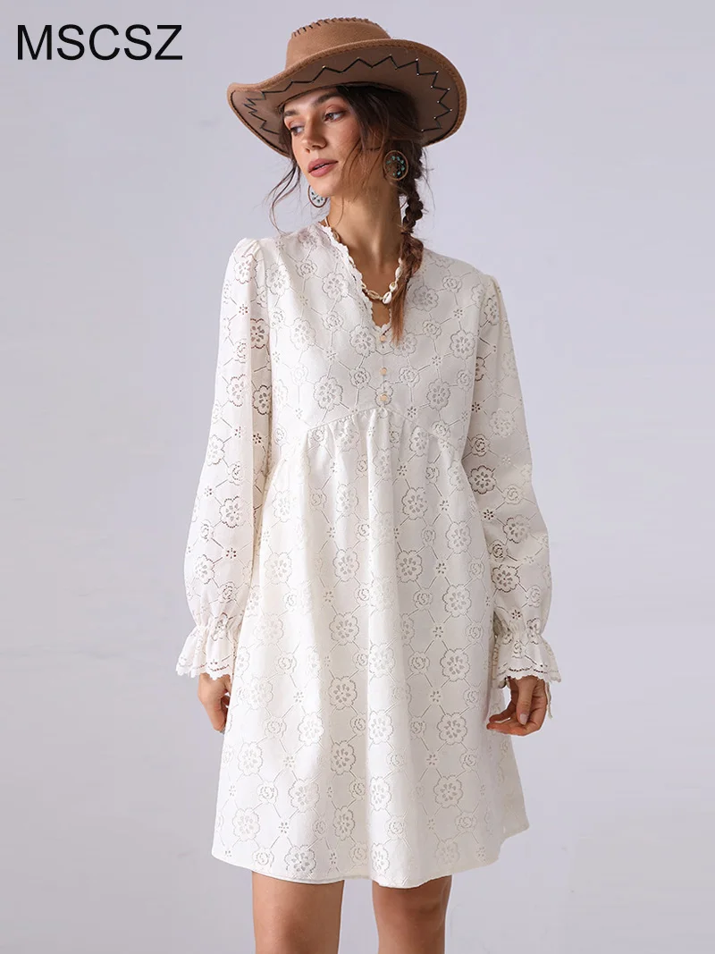

MSCSZ V-Neck Long Sleeve Dresses For Women Hollow Out Flower Short Dress Button Front Pleated Autumn Winter Dresses 2025