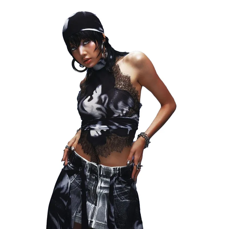 Alla moda 2024 estate nuove donne abbigliamento personalità sexy ragazza piccante stampata design in pizzo canotta attillata