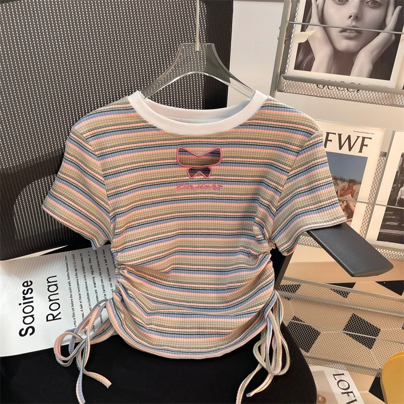 

2023 New Butterfly Embroidery Striped Drawstring Short Sleeve T-Shirt Women's Summer Design Sense Niche Hottie Crop Top