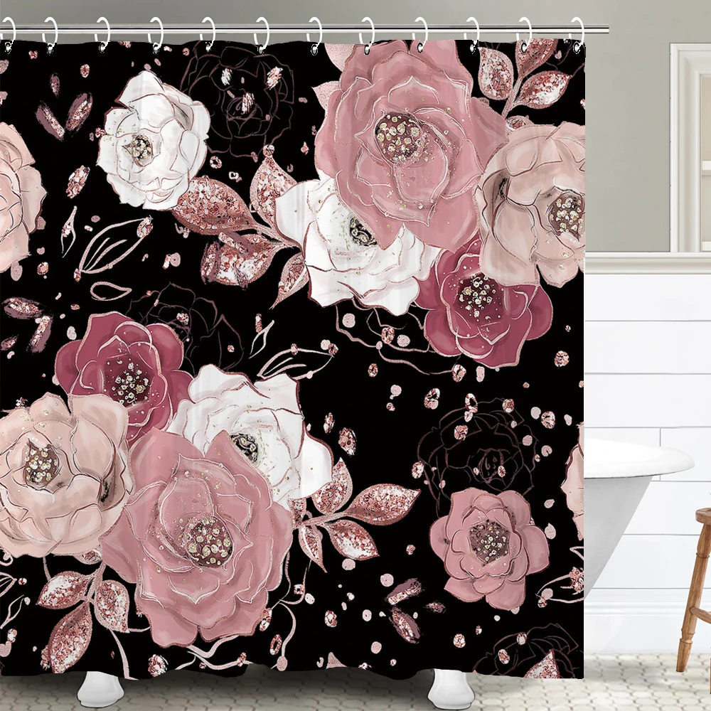 

1 Pcs nordic beautiful flowers waterproof shower curtain, rose flower bathroom decoration curtain, with plastic hooks