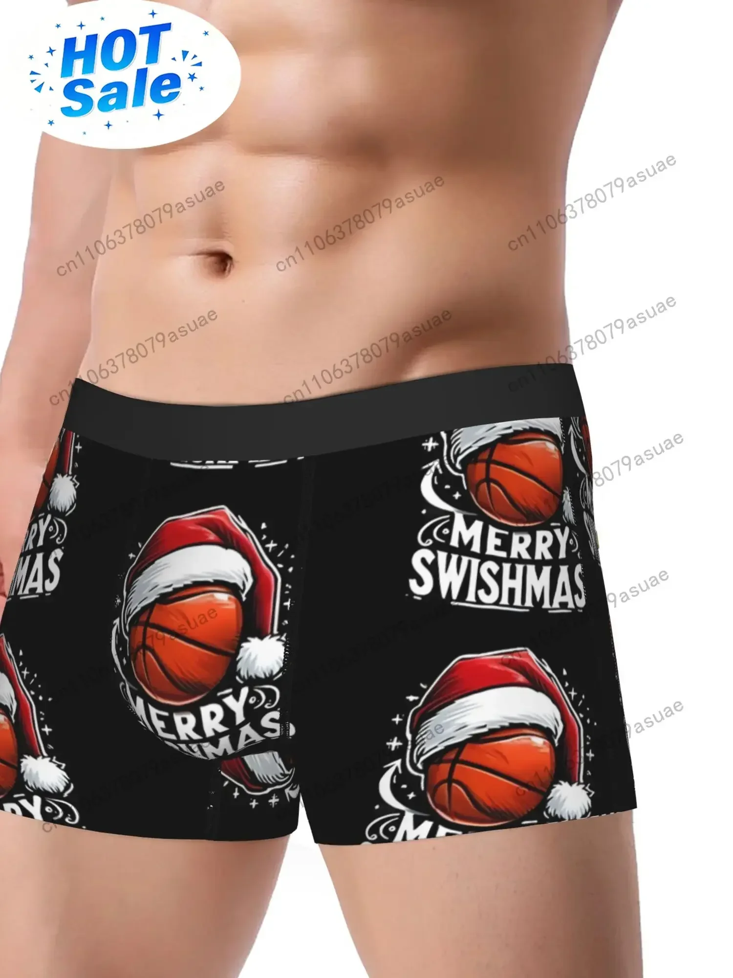 1pc Men's Ugly Christmas Basketball Boxer Briefs - Merry Swishmas Santa Basketball Print Underwear, Comfortable Holiday Sports P