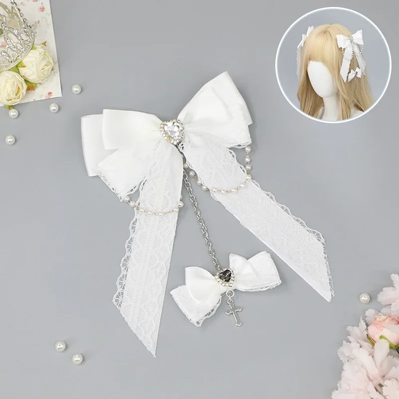 مشبك شعر على شكل فيونكة دانتيل سوداء للسيدات من لوليتا اليابانية، مشبك شعر على الطراز القوطي مع مشبك شعر على شكل ذيل حصان مزدوج بنمط داكن