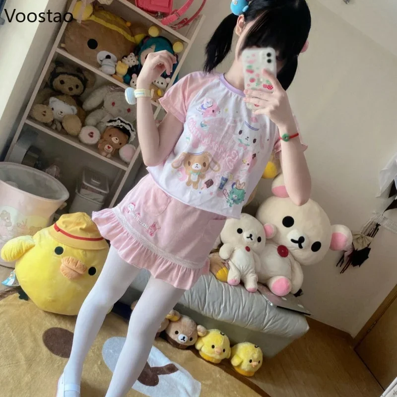 Japanese Cute Cartoon Print Lolita Short T-shirt Women Sweet Short Sleeve Tops Girls Pink Kawaii Pulovers TShirts Summer Tees