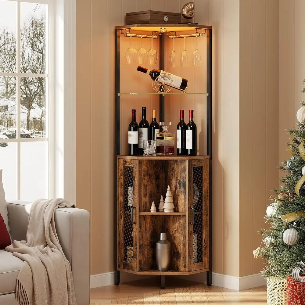 

LED-Illuminated Corner Bar Cabinet, Tall Wine Storage with 5 Shelves, Rustic Brown & Black Industrial Liquor Cabinet