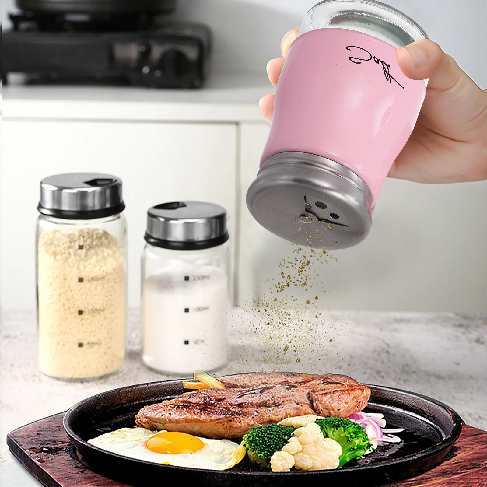 

2Pcs Kitchen Storage Jar Solid Material Spice Jar Fine Polishing Mesh Holes for Pouring Taking Condiments Seasoning Shaker