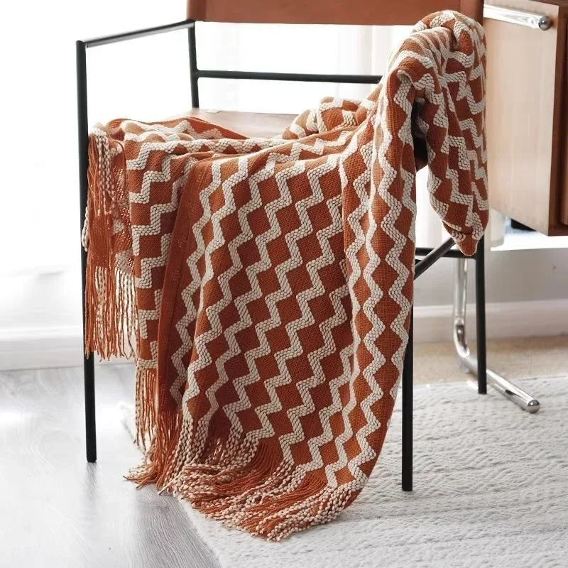 Knit Woolen Blanket Sofa Bed Scarf with Tassels Retro Geometry Pattern Blanket Wave Jacquard Needle Bedroom Decor Bedding 1pcs