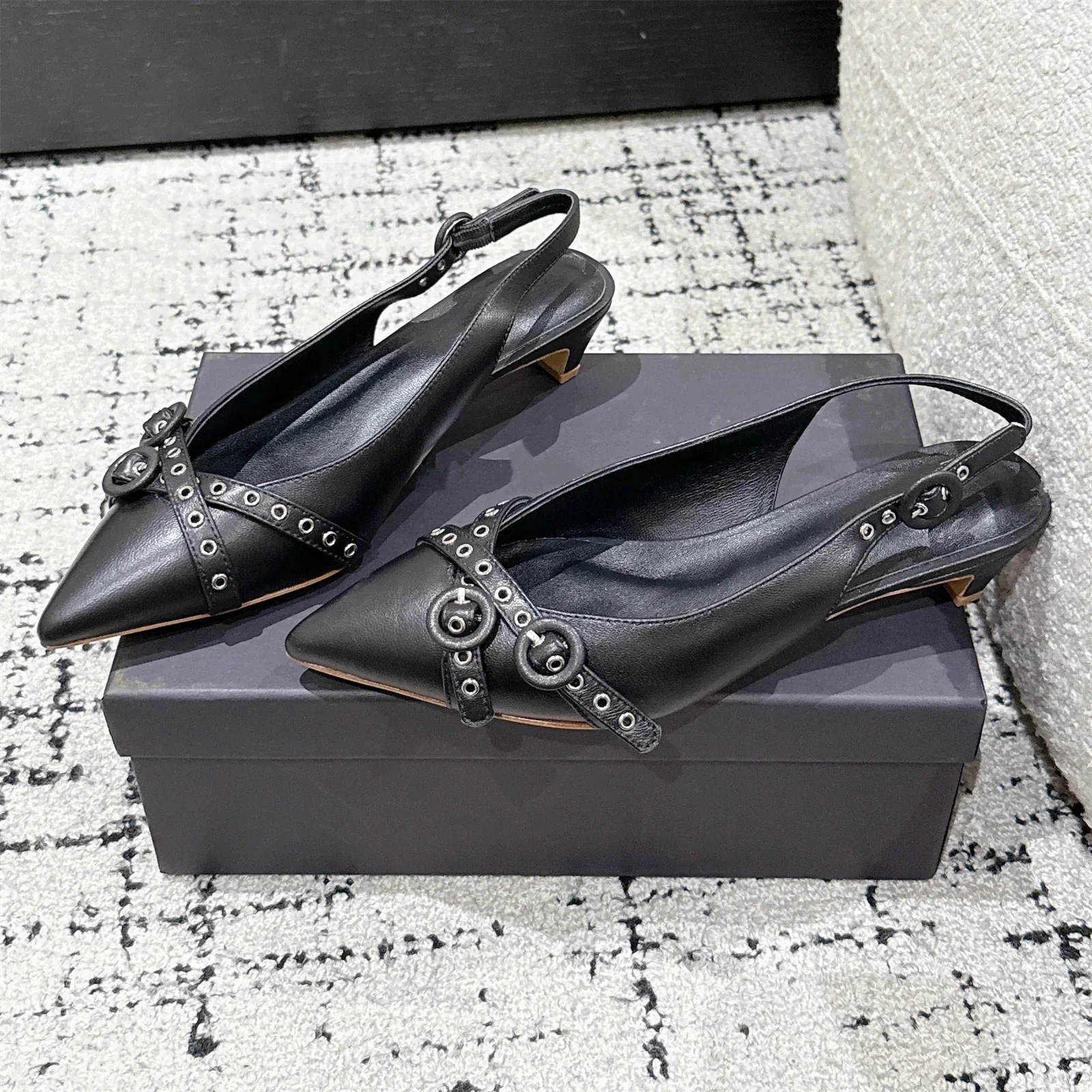 2026 Newest Summer Genuine Leather Pointed-Toe Kitten Heel Slingback Woman Sandals Butterfly-Knot Decora Dress Pumps Botas Mujer view 5