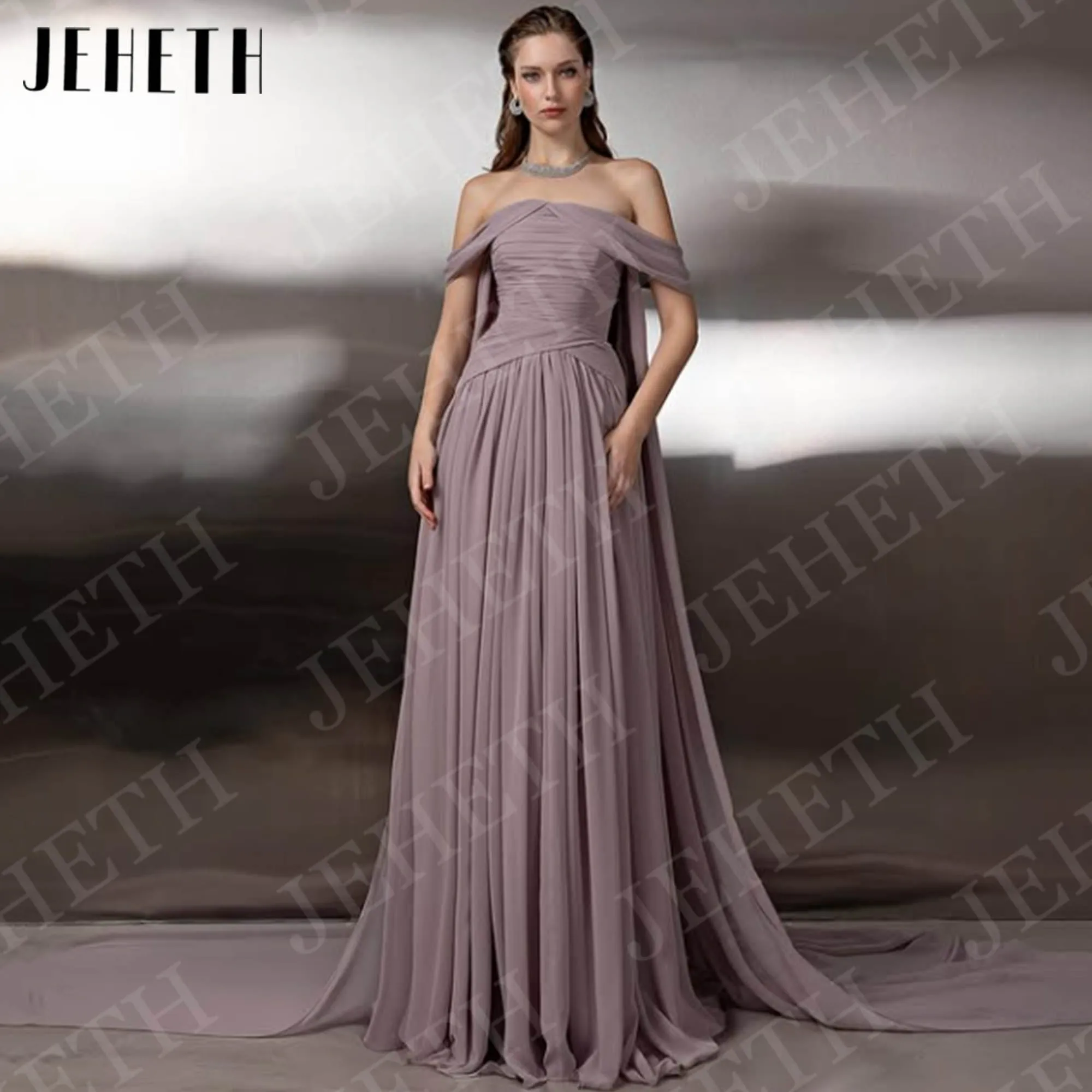 

JEHETH Off Shoulder Evening Dresses Customized Woman Elegant Chiffon Pleated A Line Formal Occasions Dress robe de soiree 2026