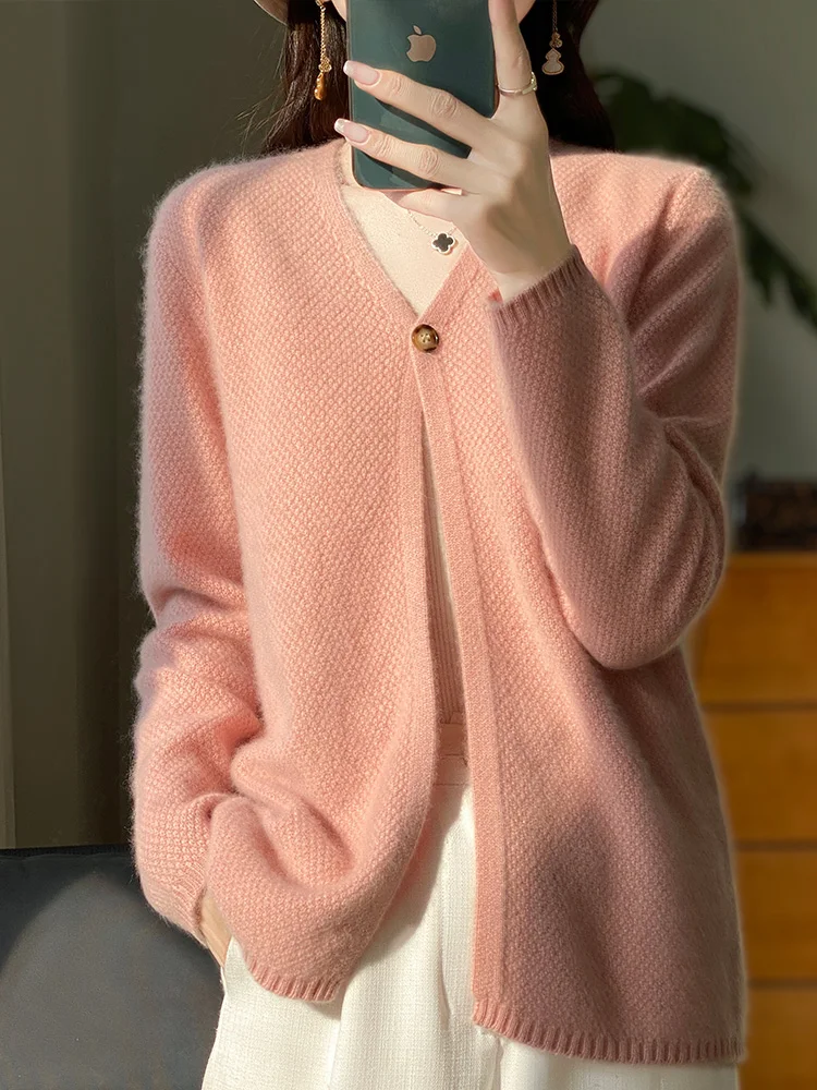 Women's Sweaters Cardigan V-neck Long Sleeve 100% Merino Wool Knitwear Single Button Grace Cashmere Spring Autumn Clothing Tops