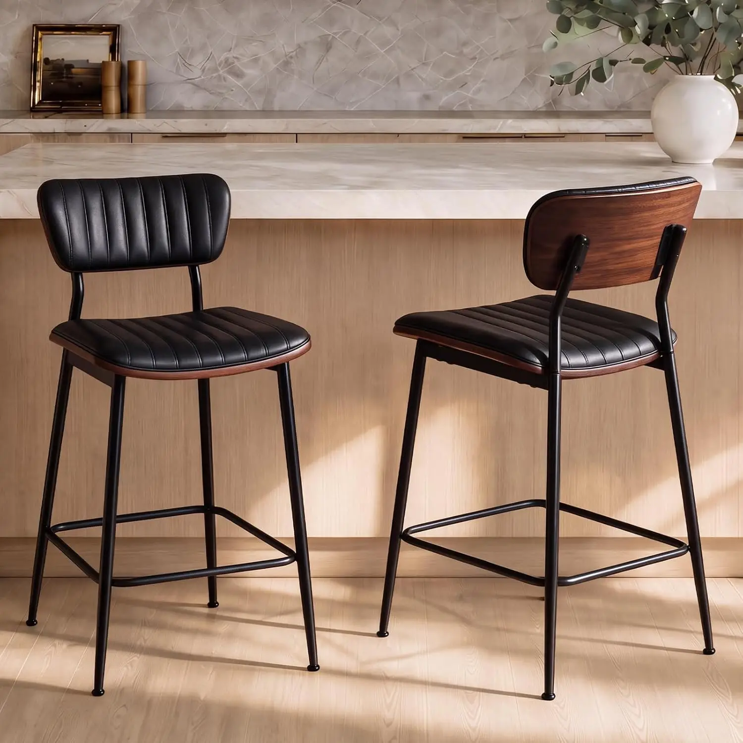 26 Inch Counter Height Bar Stools Set of 2 with Bentwood Backrest, Black