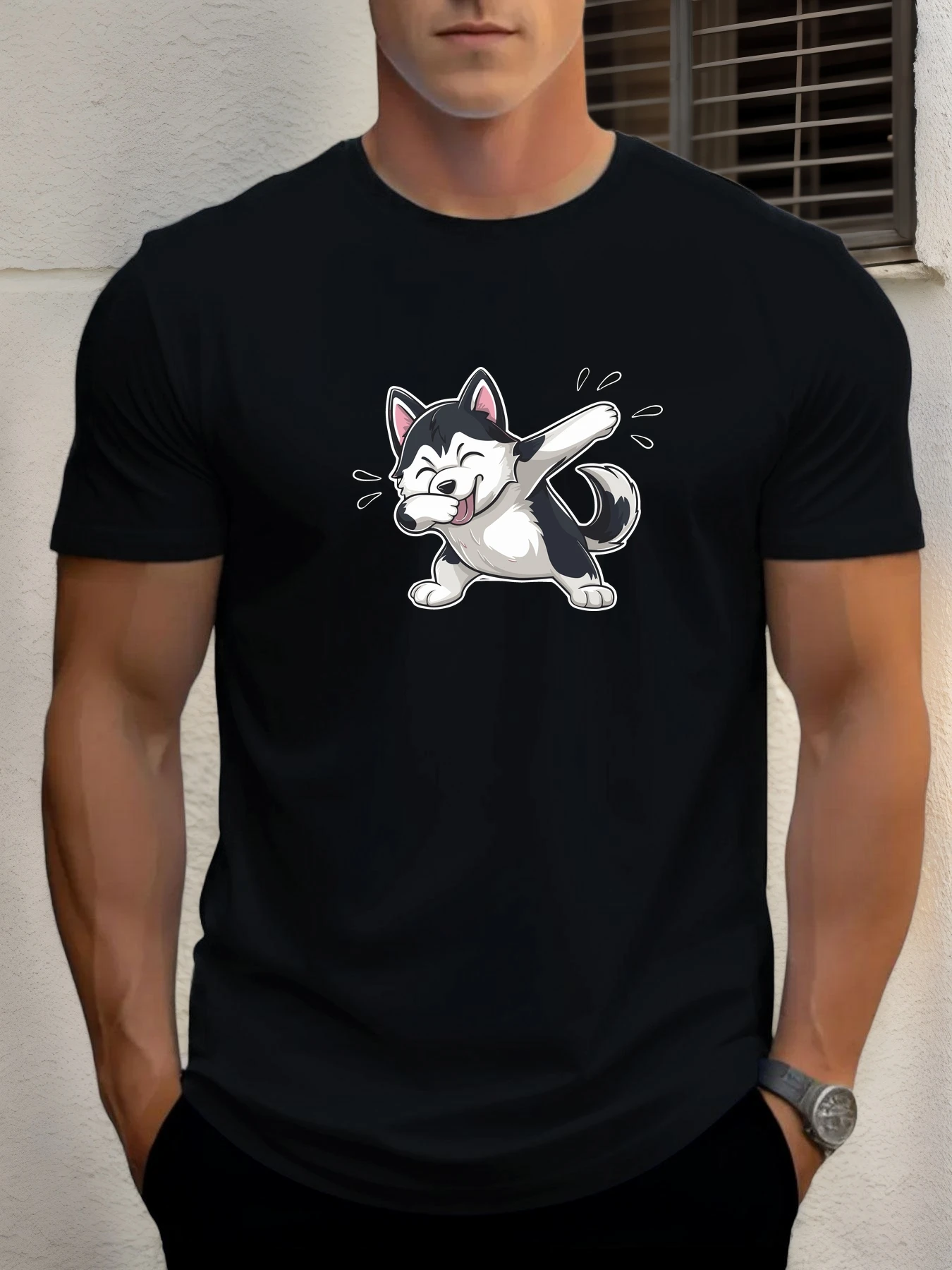 

2025 Summer Men's Cotton T Shirt Husky Trendy Print Round Neck T-Shirt Casual Breathable Street Style Daily Top