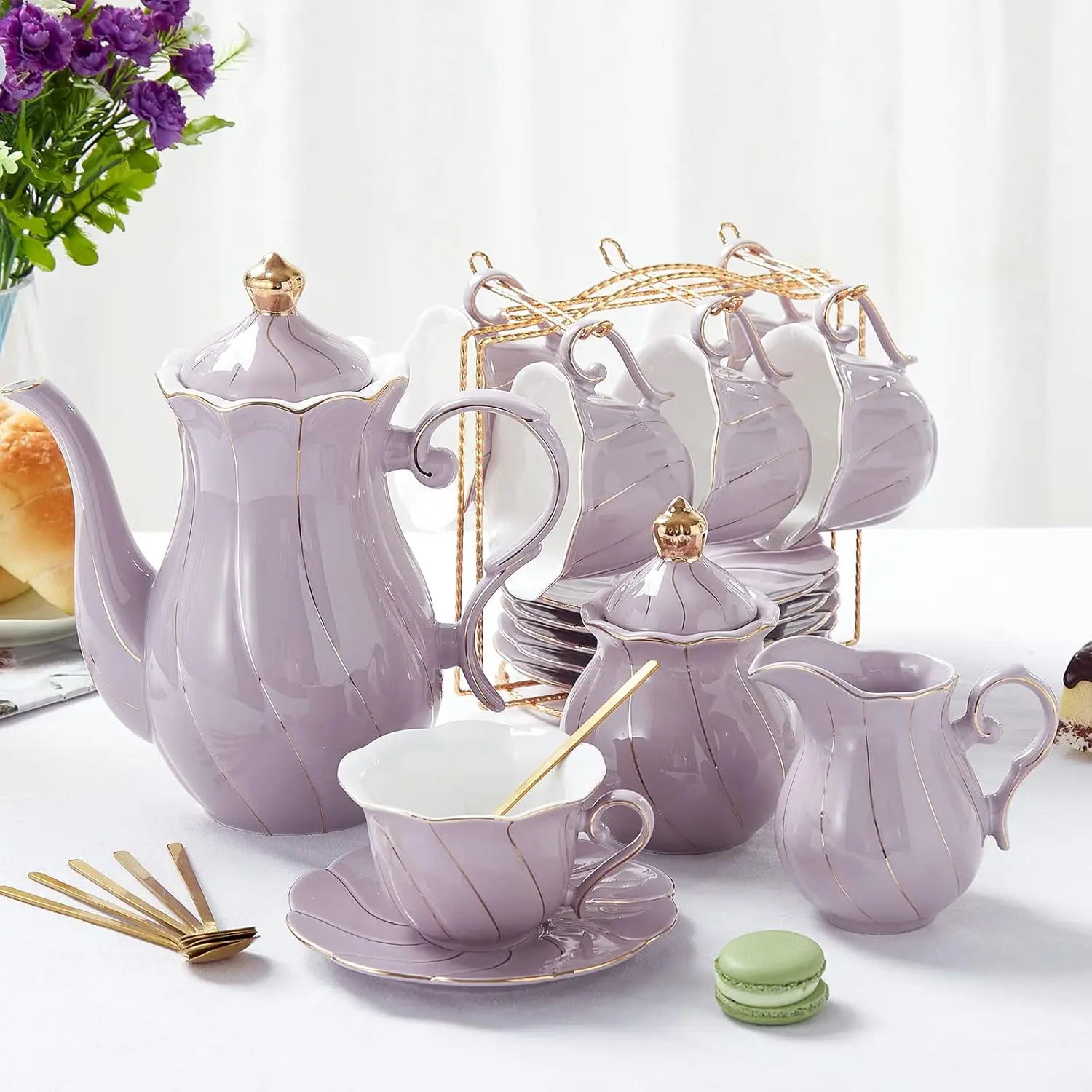 

22 pcs Porcelain Tea Set for 6, Luxury British Style Tea/Coffee Cup Set with Golden Trim, Beautiful Tea Set for Women, Te