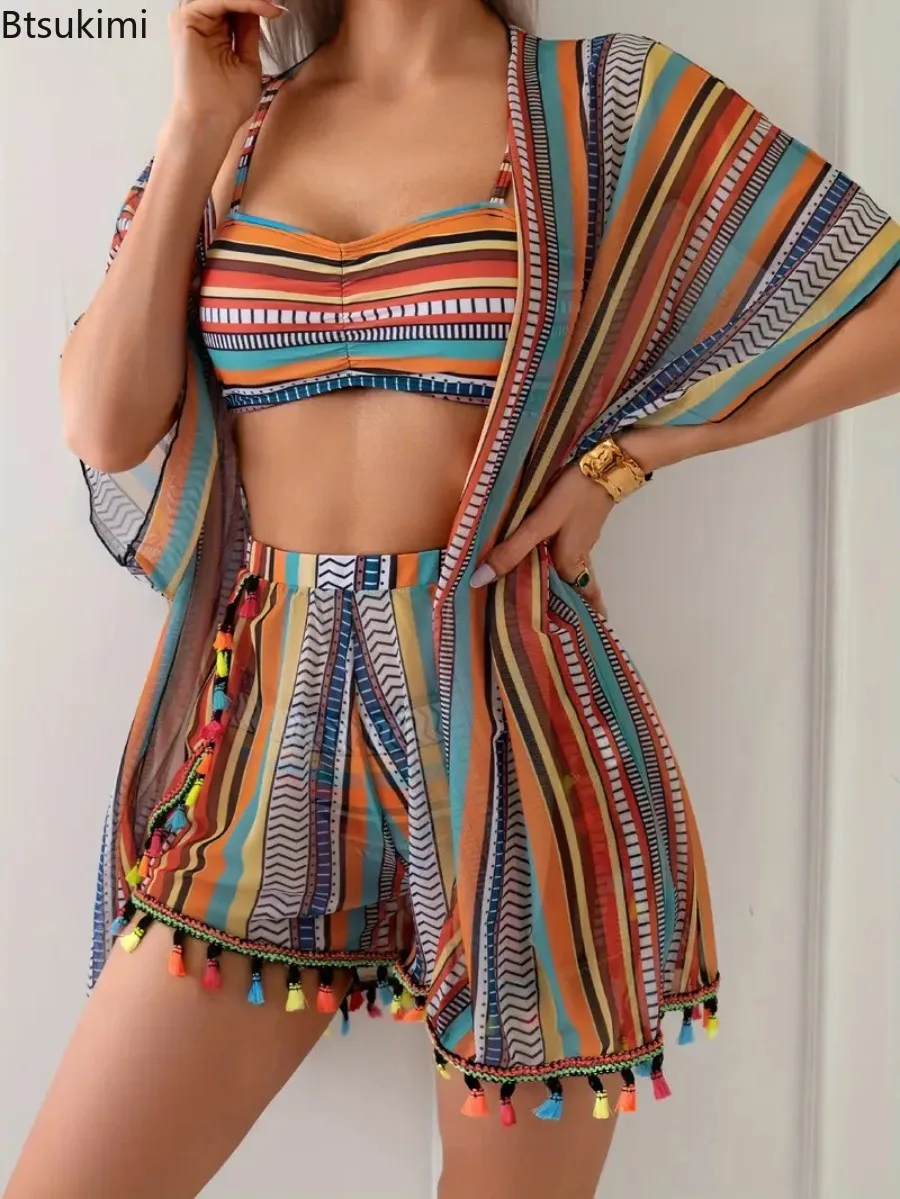 Women Sunscreen Tassel Four Piece Swimsuit Deep V Sexy Bikini Swimsuit Seaside Vacation Fashion Cover Up Retro Striped Swimwear