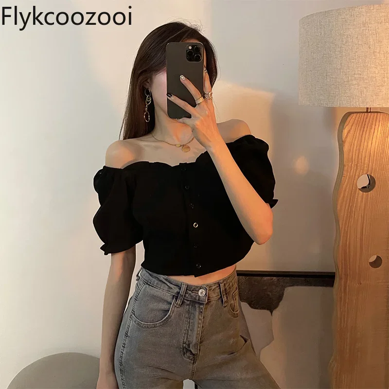 Black Puffed Sleeve Short Sleeve Off-shoulder T-shirt Women's Summer Line Neck Heart Collarbone Sexy Short Women Clothes