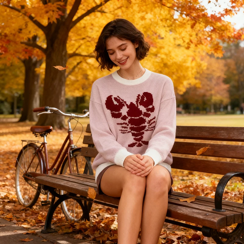 

Топы с принтом лобстера, винтажный вязаный свитер с длинными рукавами для девочек, свободный Harajuku, повседневный осенне-зимний женский модный розовый пуловер с круглым вырезом