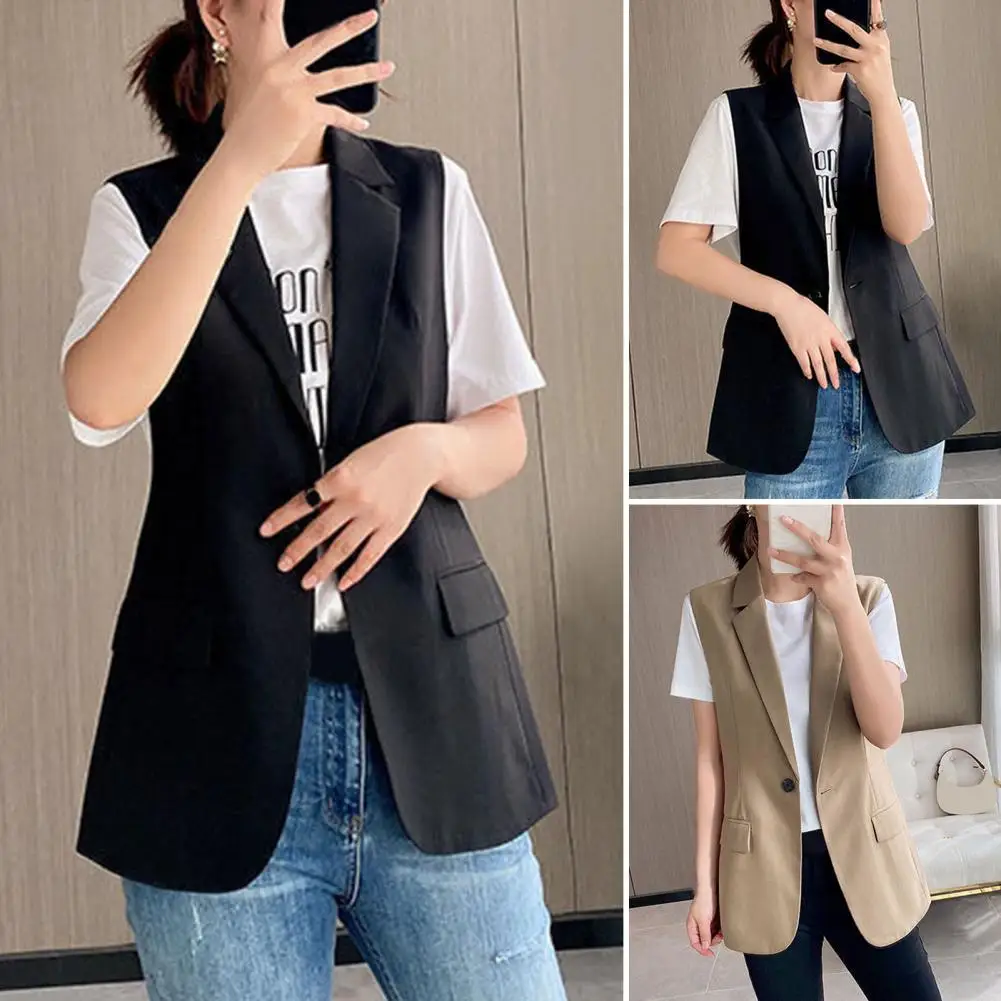 

Vintage OL Jacket Casual Lapel Blazer Women One Button Suit Coats Fashion Sleeveless Office Vest 2025 Autumn Femme