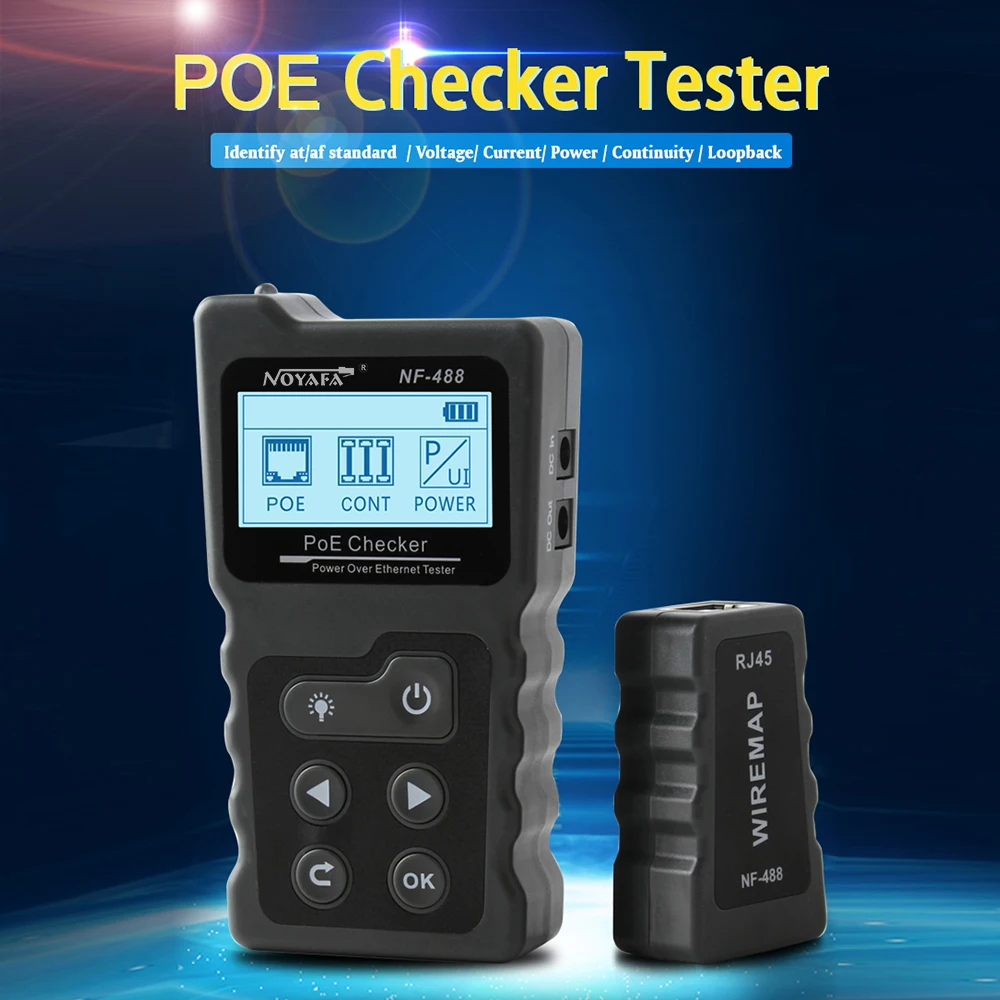 NF-488 Network Cable Tester Multi-functional PoE Checker Inline PoE Voltage and Current Tester RJ45 Wire Tracker Lan Tester