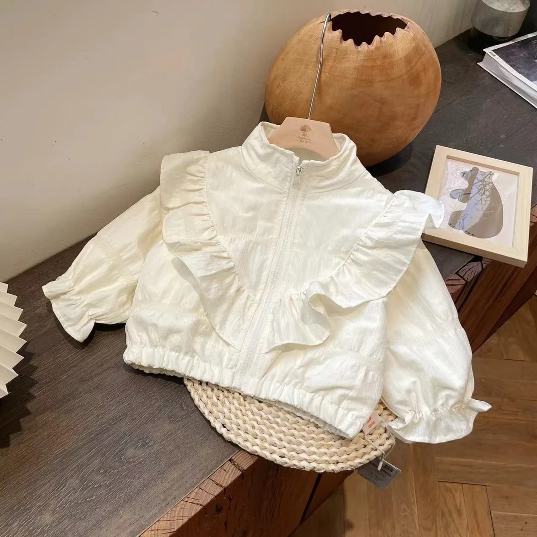 

Бежевая куртка с оборками для девочек, верхняя одежда на молнии с длинными рукавами и воротником-стойкой, весенне-осенние свободные топы для девочек, одежда для девочек 1–6 лет