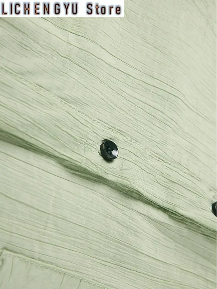 Women Green Color-block Pleated Ribbons Big Size Shirt Dress New Lapel Long Sleeve Fashion Tide Spring Autumn