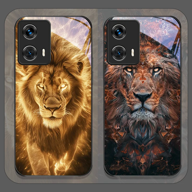 Funda de teléfono de cristal templado con diseño de León de lujo para Motorola Moto Edge 50 Fusion 40 Neo 30 Pro G85 G84 G75 G55 G54