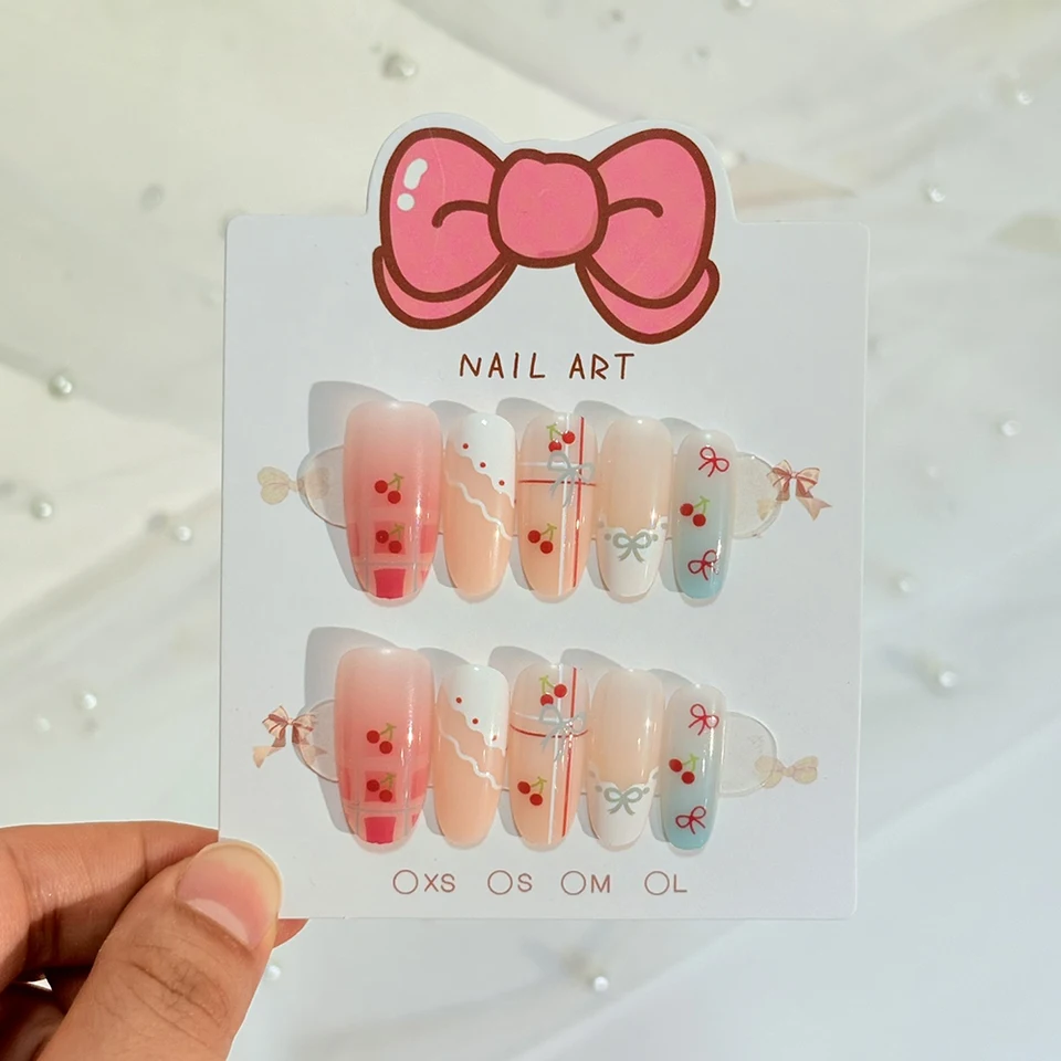 120pcs uñas postizas kawaii francesas con cuadros y lunares, ovaladas medianas, puntas press-on con flores de primavera y cerezas 6