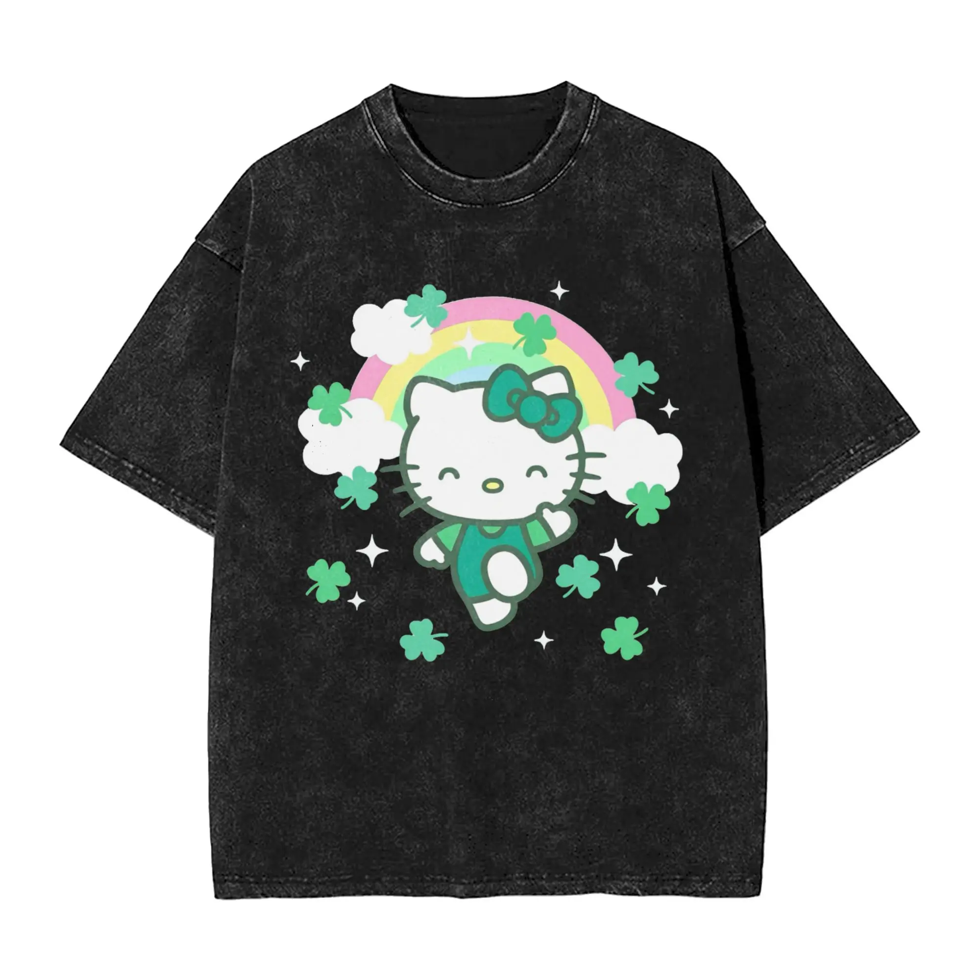 Hello Kitty Lucky Clover St Patricks T-Shirt Beach  Street Style T-Shirts Cotton Hippie Tshirt For Male Short Sleeve Print Tees