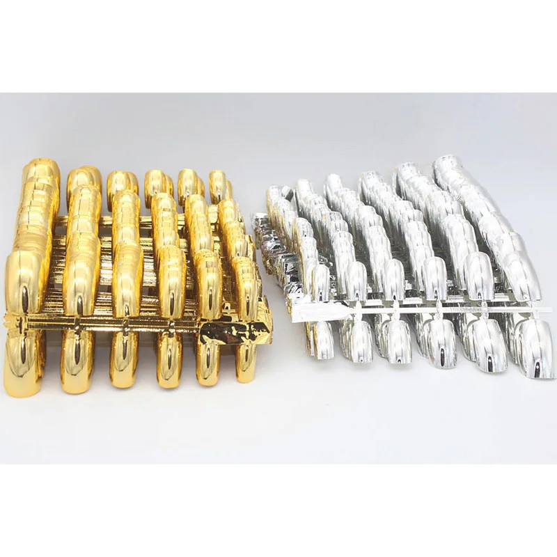 

New 600PCS Hot Nail Art Display Full Cover False Nail Tips Silver/Gold Metal Fake Nails Extension Decorated Manicure Accessories