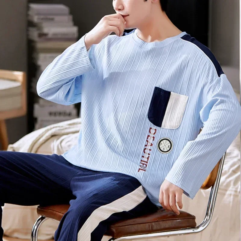 Spring 3XL Knitted Pjs Long Sleeved  Men\'s Pajamas Sets Male Pajama Plaid Pajama For Masculine Sleepwear Suits Homewear Fashion