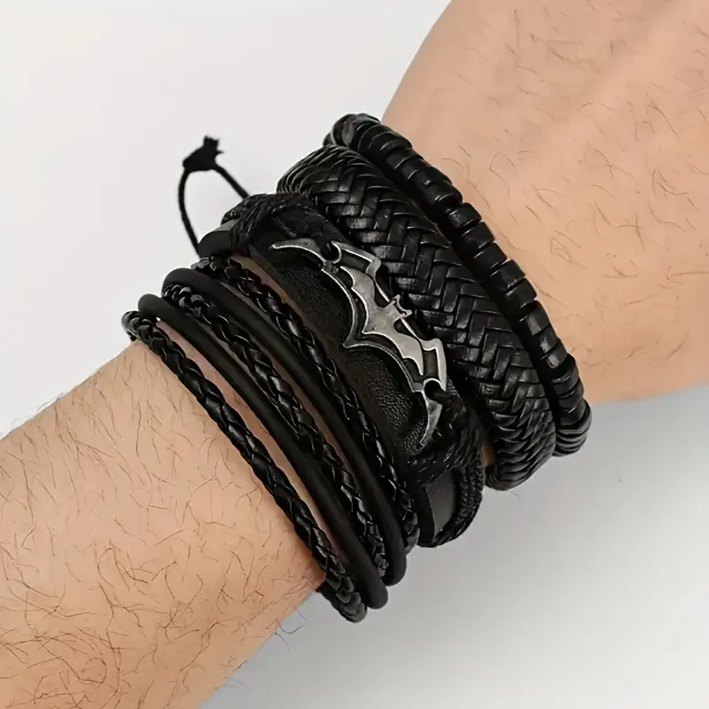 

1 Pcs Classic 4 Layers Braided Black Leather Men Bracelet Punk Alloy Bat Pattern Adjustable Wristband Fashion Men Jewelry Gift
