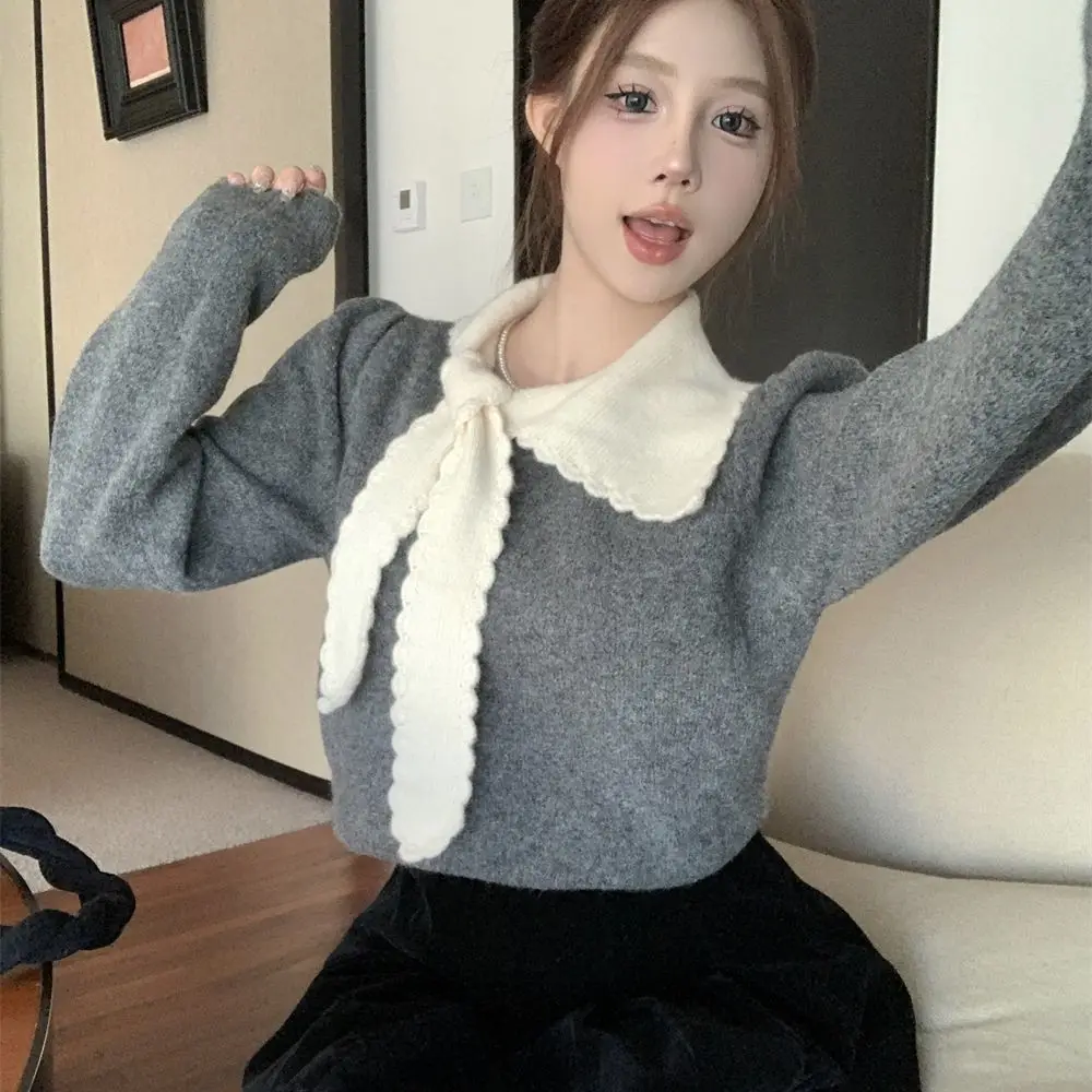 

Sweet Style Ruffle Collar Long Sleeve Loose Women's Sweater Spring New Arrival Elegant Casual Cotton Blend Lace Trim Top M184