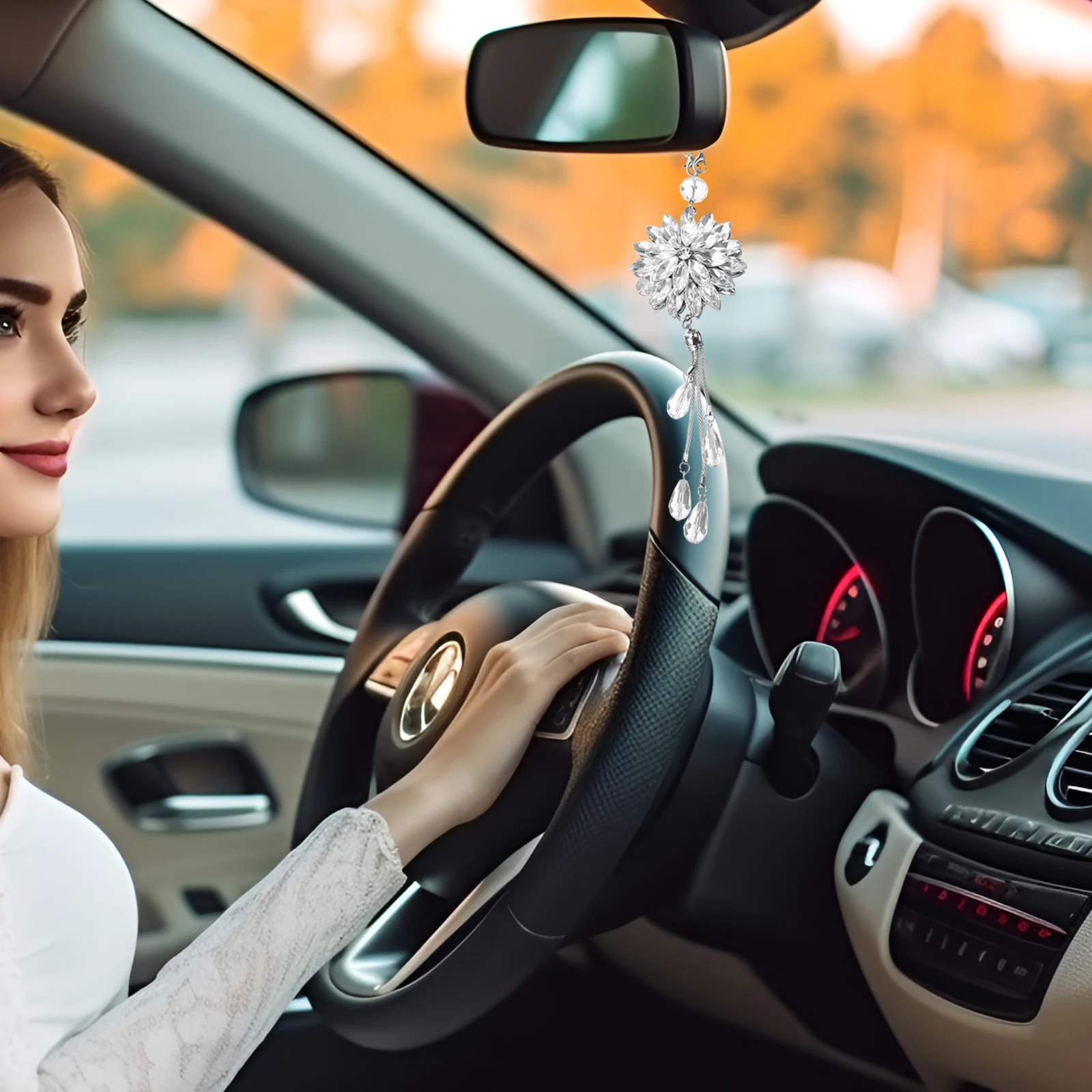 

Rhinestone Snowflake Shape Car Hanging Ornament Rearview Mirror Accessory Bright Shiny Decor Car Hanging Pendant