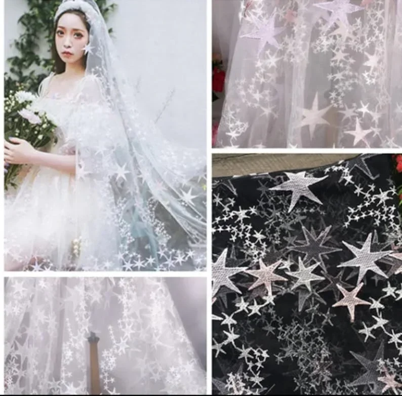 

5-цветная изысканная кружевная ткань с вышивкой звезд, мягкий розовый тюль для платья от кутюр, платье для выпускного вечера на свадьбу, иллюзия цвета слоновой кости