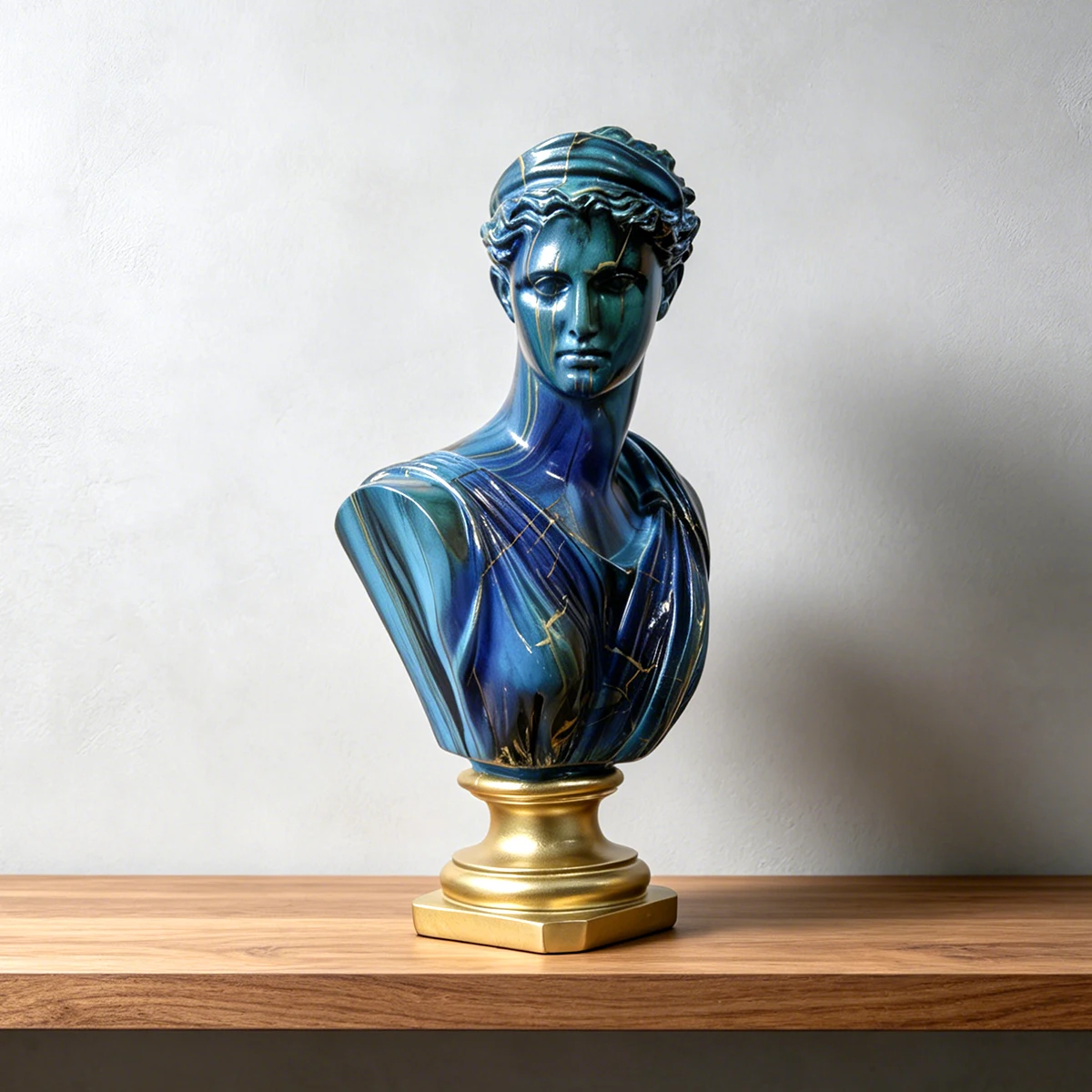 Blue Gold Artemis Bust Statue, Modern Greek Goddess Resin Sculpture, Water Transfer Marble Effect Home Decor Ornament