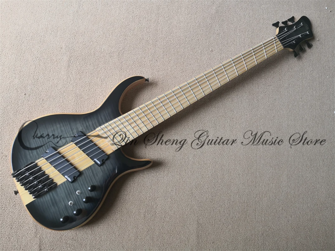 6 Strings Bass Guitar CM Light Black Bass Maple Neck Through ASH Wood Body Active Fan Fingerboard  Independent Bridge