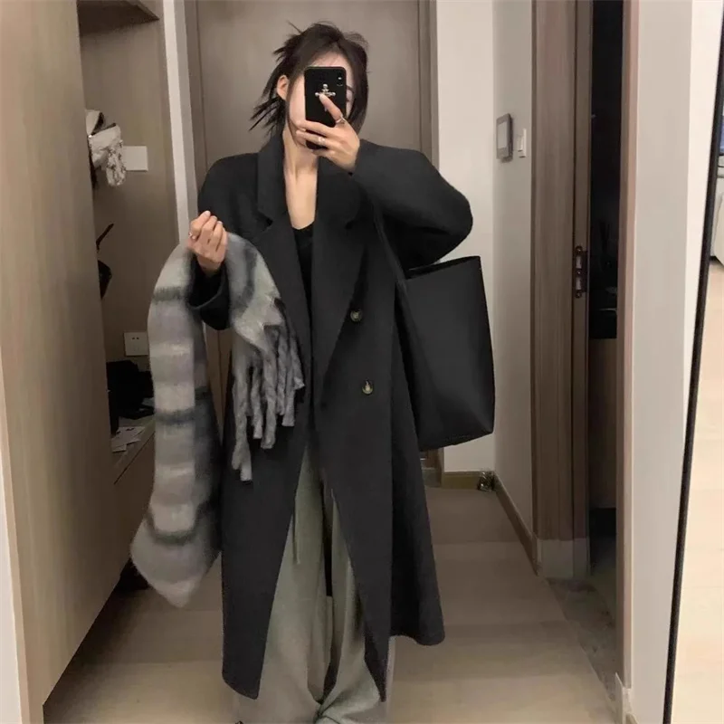2024 Winter Korean Handmade Double Breasted Long 100% Wool Coat Women Casual Loose Woolen Overcoat Oversized