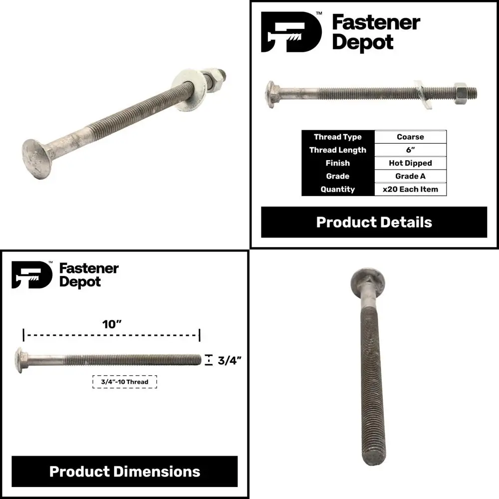 

Комплект оцинкованных болтов с кареткой 3/4-10 x 10, упаковка, класс 307А, в комплекте с плоскими шайбами и шестигранными гайками, покрытием с горячим окантовкой, Heav