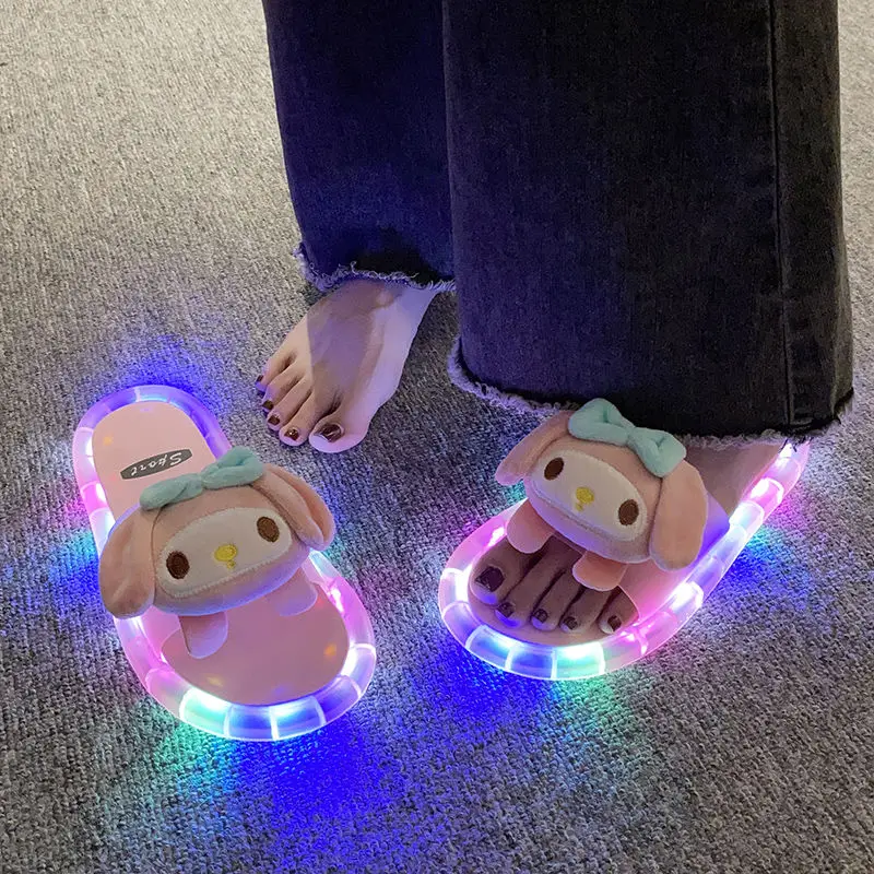 Hello Kitty Sanrio Kuromi Stitch Glow Slippers Wear Outside Beach Fashion Minority Cute One-line Sandals Girls Gifts