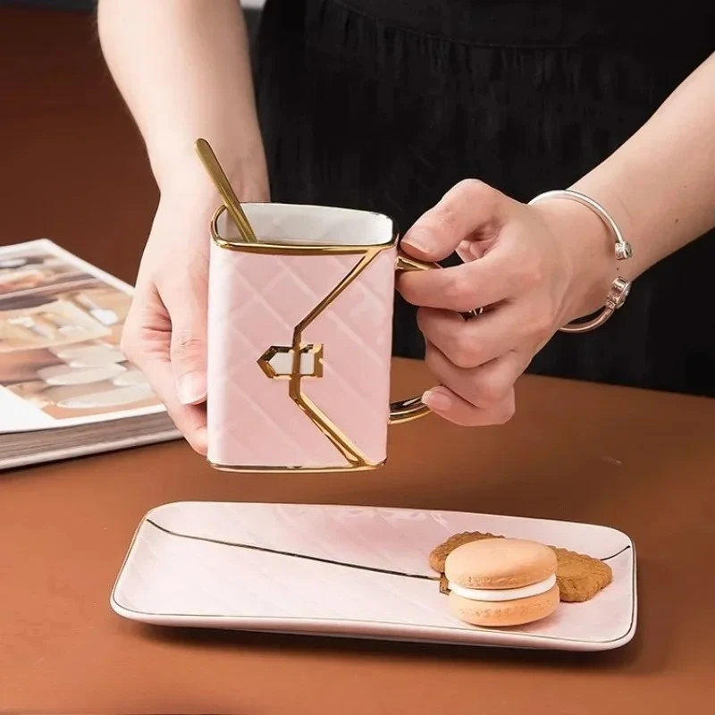 Handbag Shaped Luxury Ceramic Mug Saucer Set Aesthetic Coffee Tea Dessert Home Afternoon Tea Daily Holiday Drinkware Gift